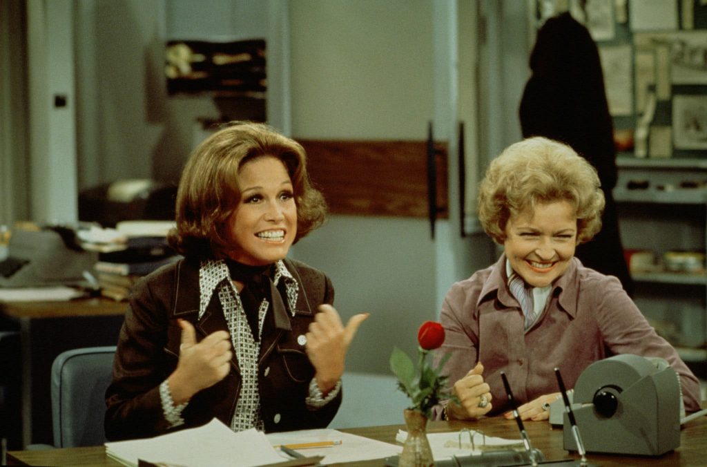 Mary Tyler Moore and Betty White in a scene from “The Mary Tyler Moore Show” in 1975.